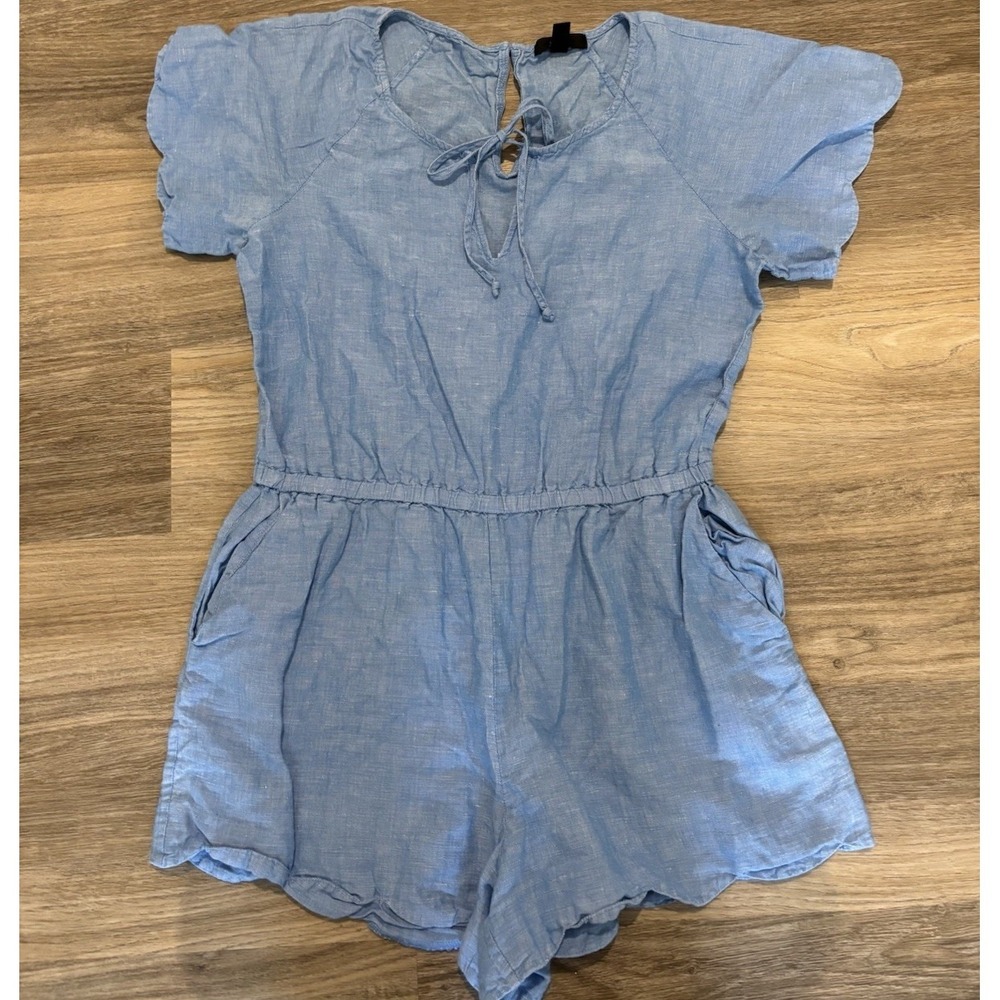 J. Crew Women's Linen Cotton Blend Blue Romper Scalloped Hem Keyhole Size XS